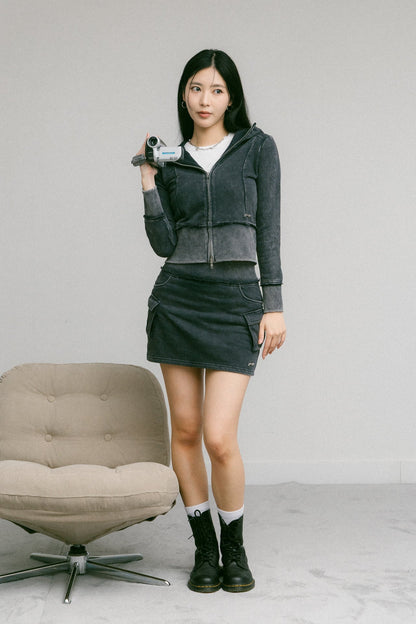 GROCERY WASHED CARGO MINI SWEAT SKIRT/ BLACK - GROGROCERY