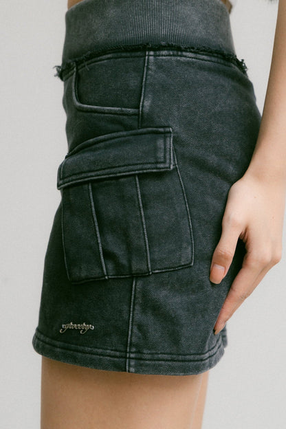 GROCERY WASHED CARGO MINI SWEAT SKIRT/ BLACK - GROGROCERY