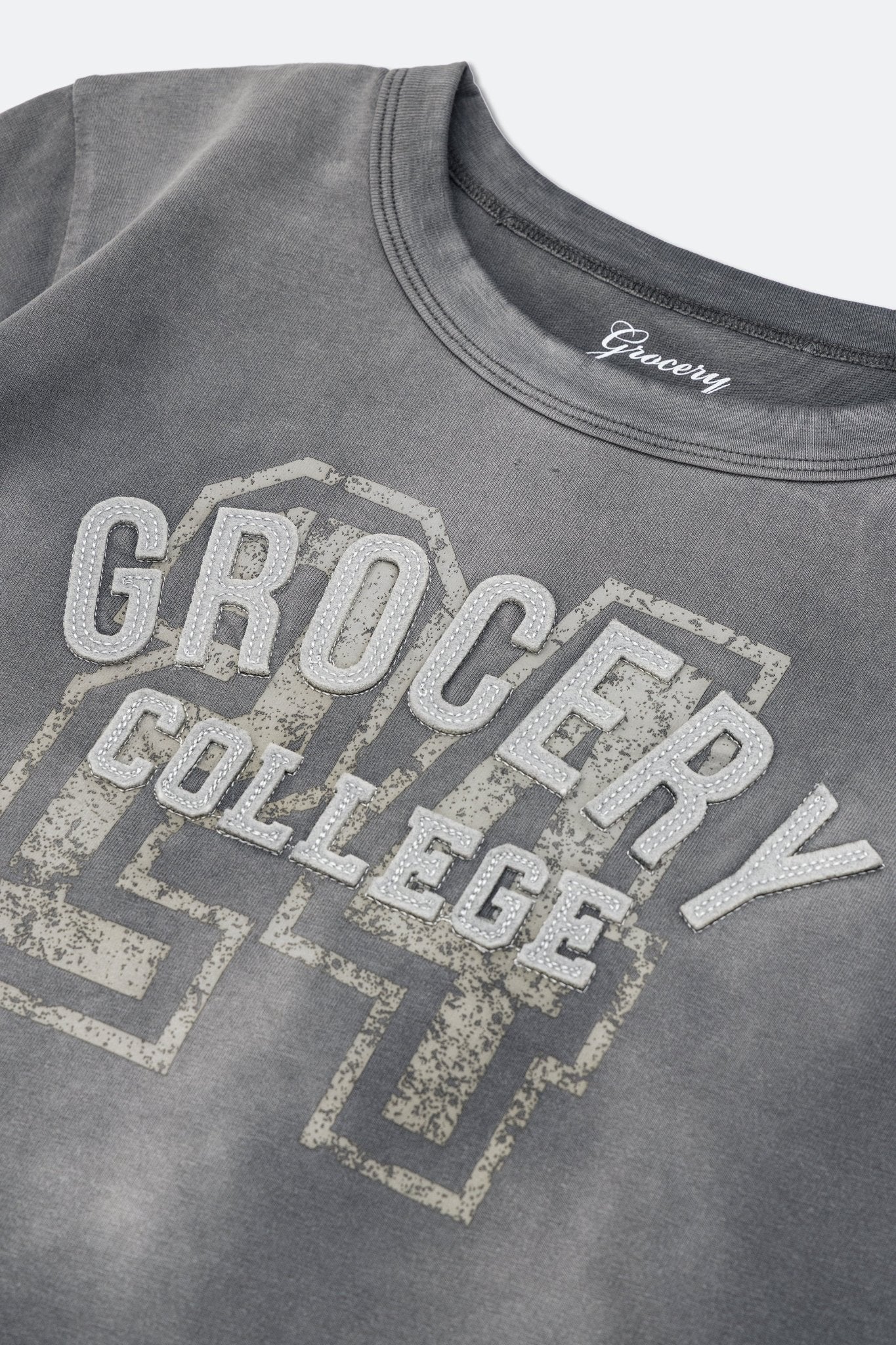 GROCERY WASHED COLLEGE BABY TEE/ FADED GREY - GROGROCERY