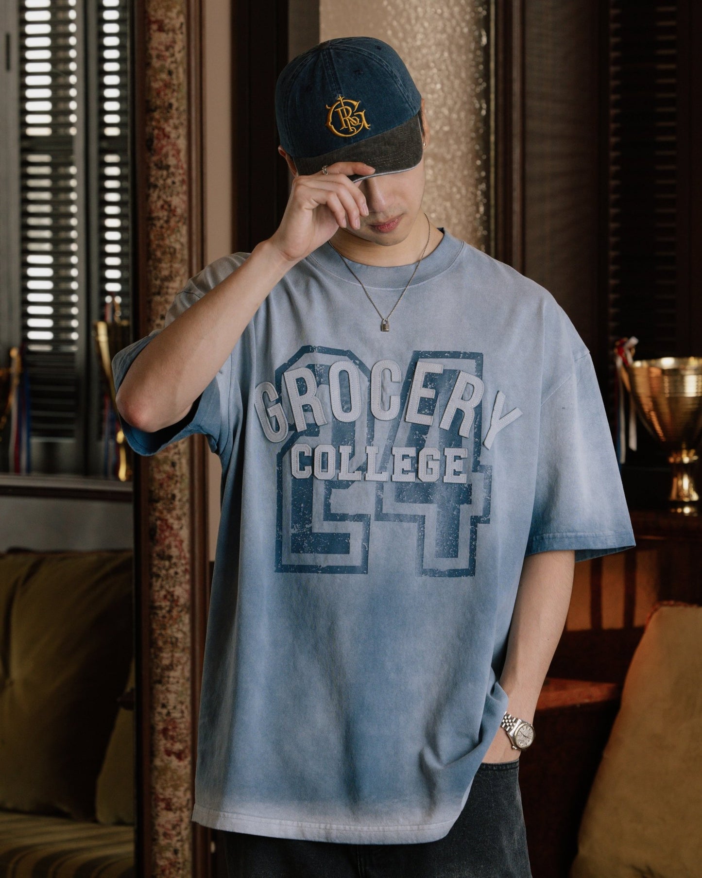 GROCERY WASHED COLLEGE PATCHWORK GRAPHIC TEE/ SUN FADED BLUE - GROGROCERY