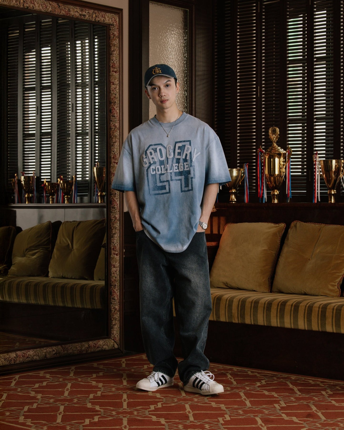 GROCERY WASHED COLLEGE PATCHWORK GRAPHIC TEE/ SUN FADED BLUE - GROGROCERY