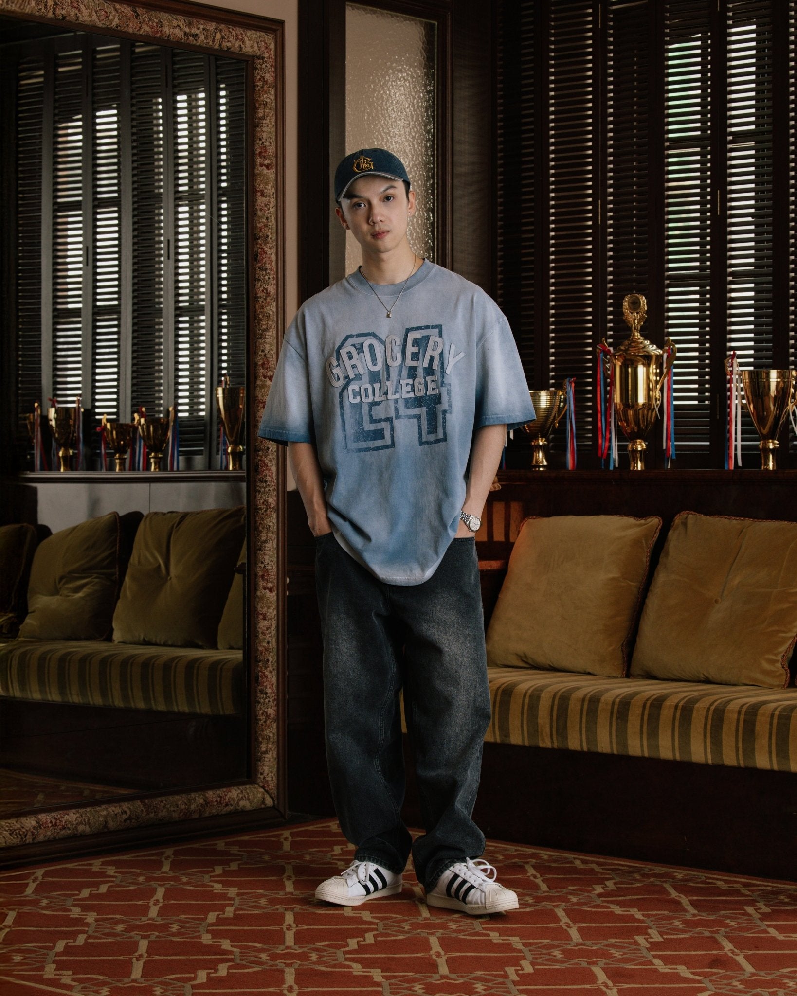 GROCERY WASHED COLLEGE PATCHWORK GRAPHIC TEE/ SUN FADED BLUE - GROGROCERY