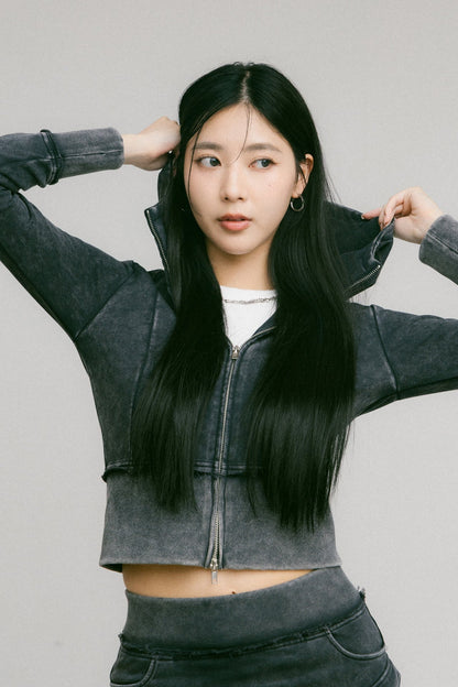 GROCERY WASHED CROPPED ZIP UP HOODIE/ BLACK - GROGROCERY