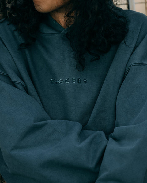 GROCERY WASHED EMBROIDERY LOGO HOODIE/ TEAL - GROGROCERY