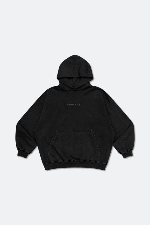 ⁠GROCERY WASHED EMBROIDERY LOGO HOODIE/ WASHED BLACK - GROGROCERY