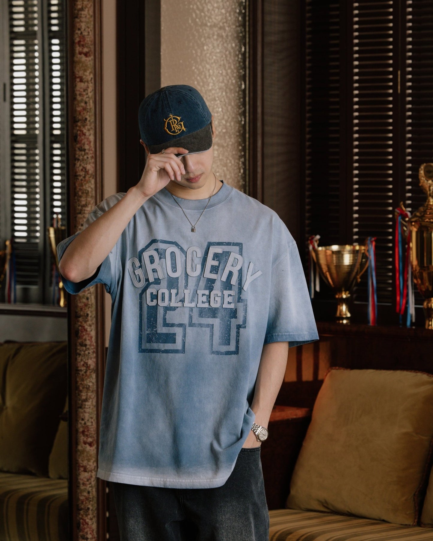 GROCERY WASHED TWO TONE COLLEGE LOGO EMBROIDERY CAP/ NAVY & BROWN - GROGROCERY