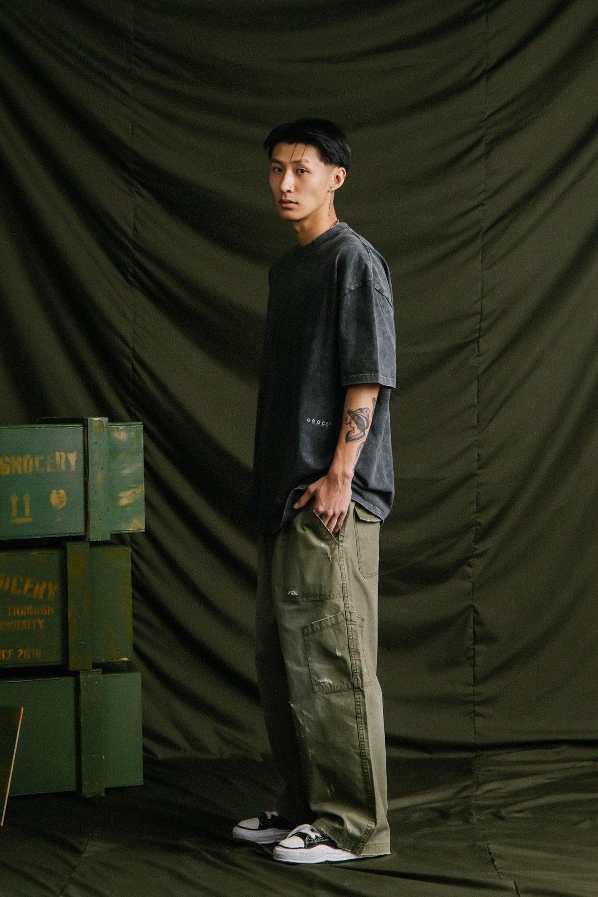 GROCERY WASHED WIDE CHINO PANTS/ OLIVE - GROGROCERY