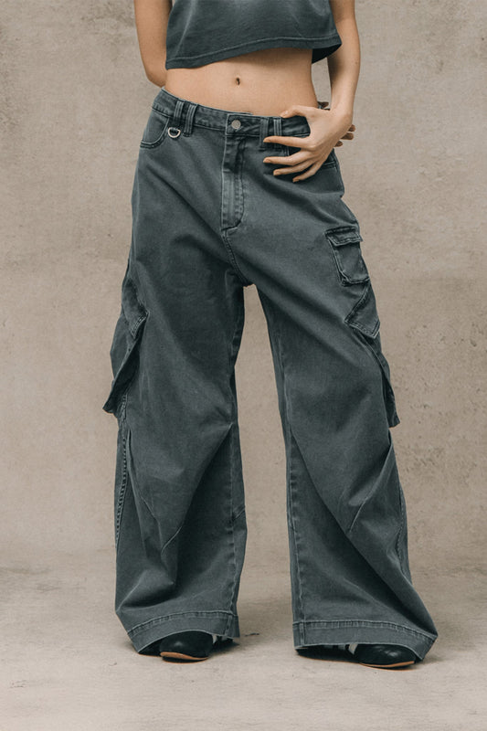 GROCERY WASHED WIDE LEG CARGO PANTS/ STONE - GROGROCERY