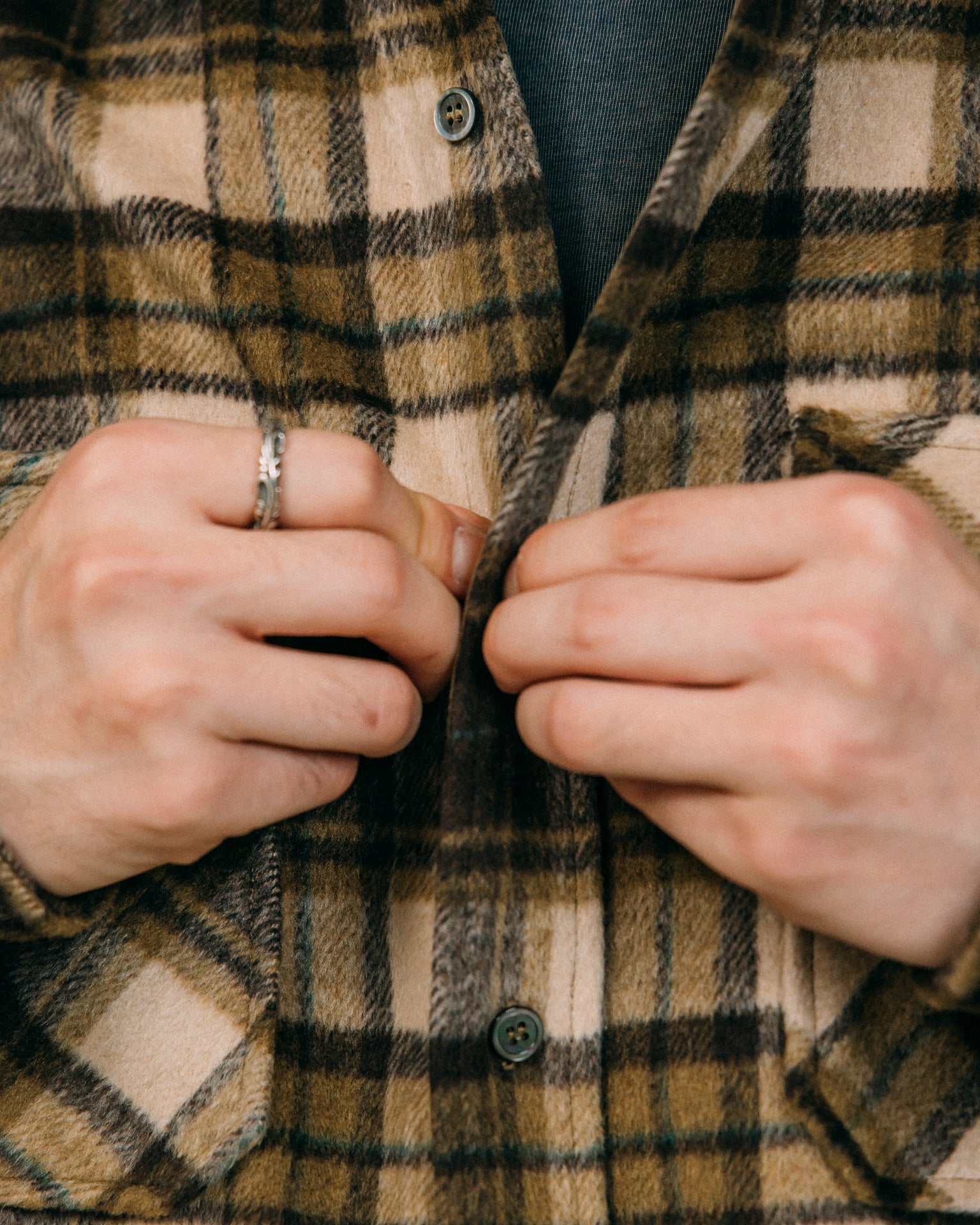 GROCERY WOOL FELT CHECK OVERSHIRT/ BROWN - GROGROCERY