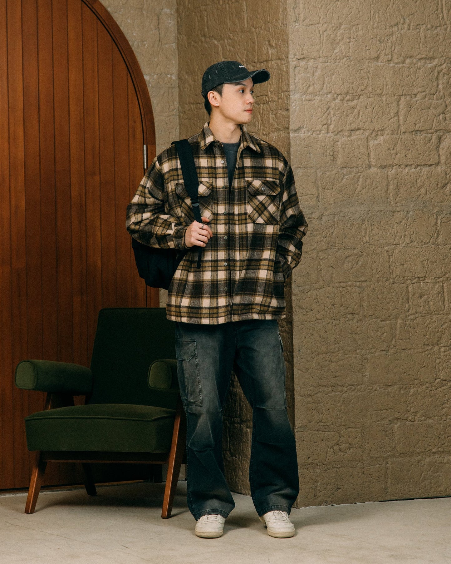 GROCERY WOOL FELT CHECK OVERSHIRT/ BROWN - GROGROCERY