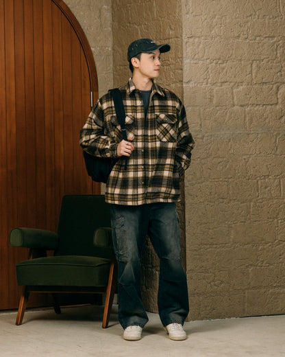 GROCERY WOOL FELT CHECK OVERSHIRT/ BROWN - GROGROCERY