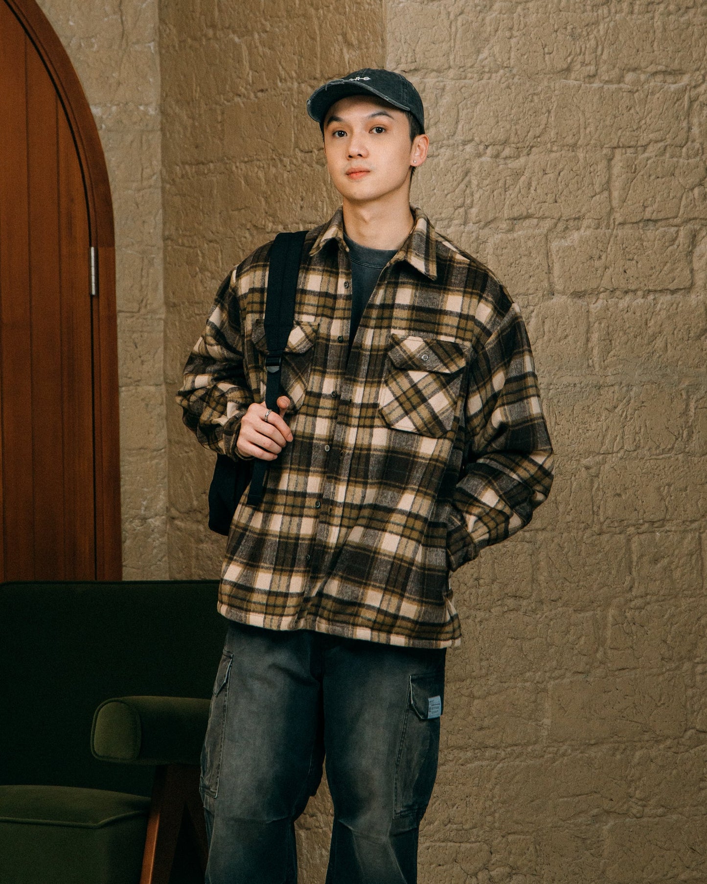 GROCERY WOOL FELT CHECK OVERSHIRT/ BROWN - GROGROCERY