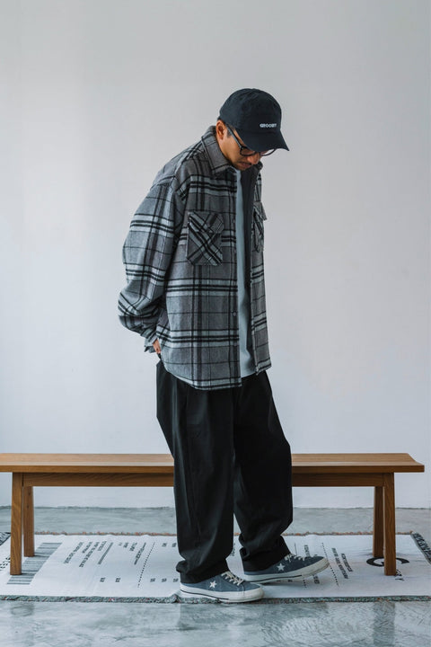 GROCERY WOOL FELT CHECK OVERSHIRT/ GREY - GROGROCERY