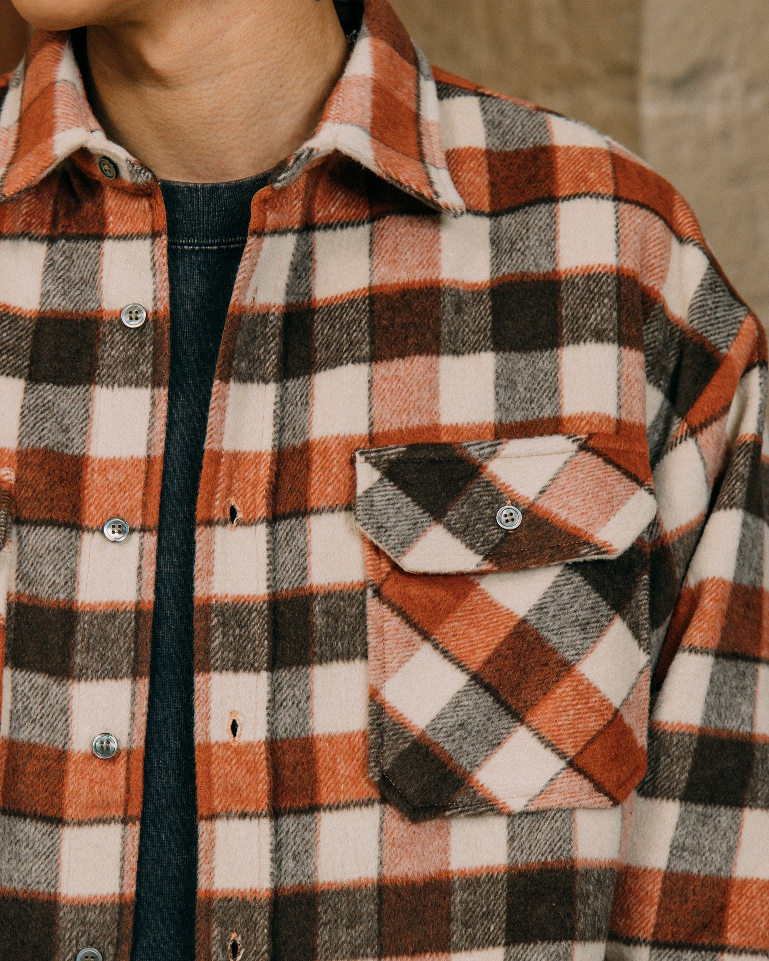 GROCERY WOOL FELT CHECK OVERSHIRT/ SALMON RED - GROGROCERY