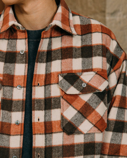 GROCERY WOOL FELT CHECK OVERSHIRT/ SALMON RED - GROGROCERY