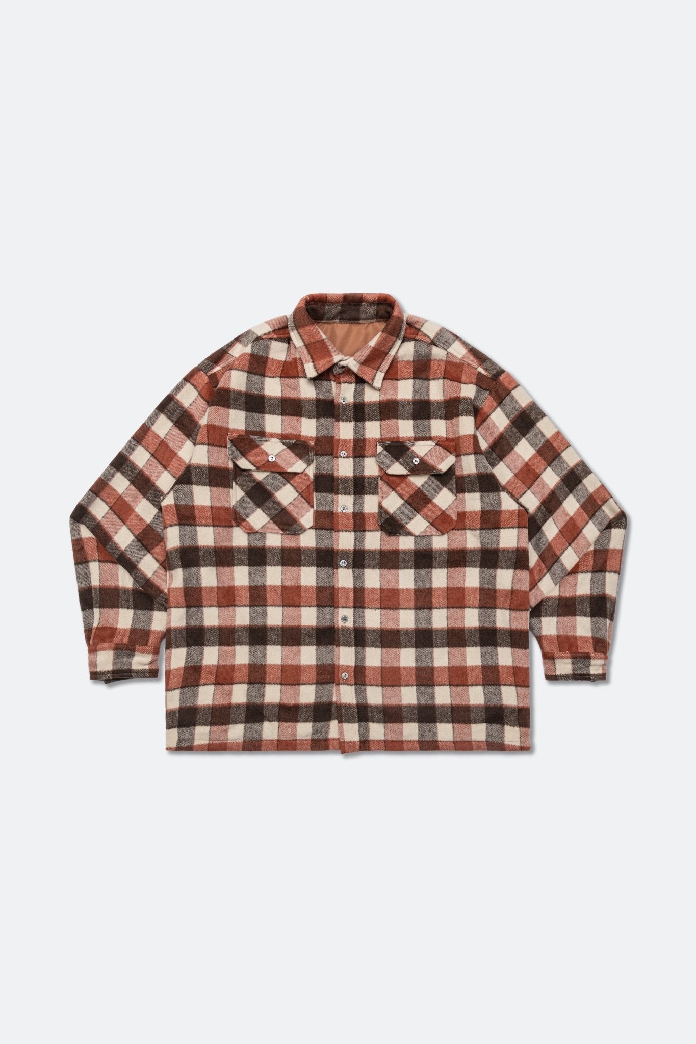 GROCERY WOOL FELT CHECK OVERSHIRT/ SALMON RED - GROGROCERY