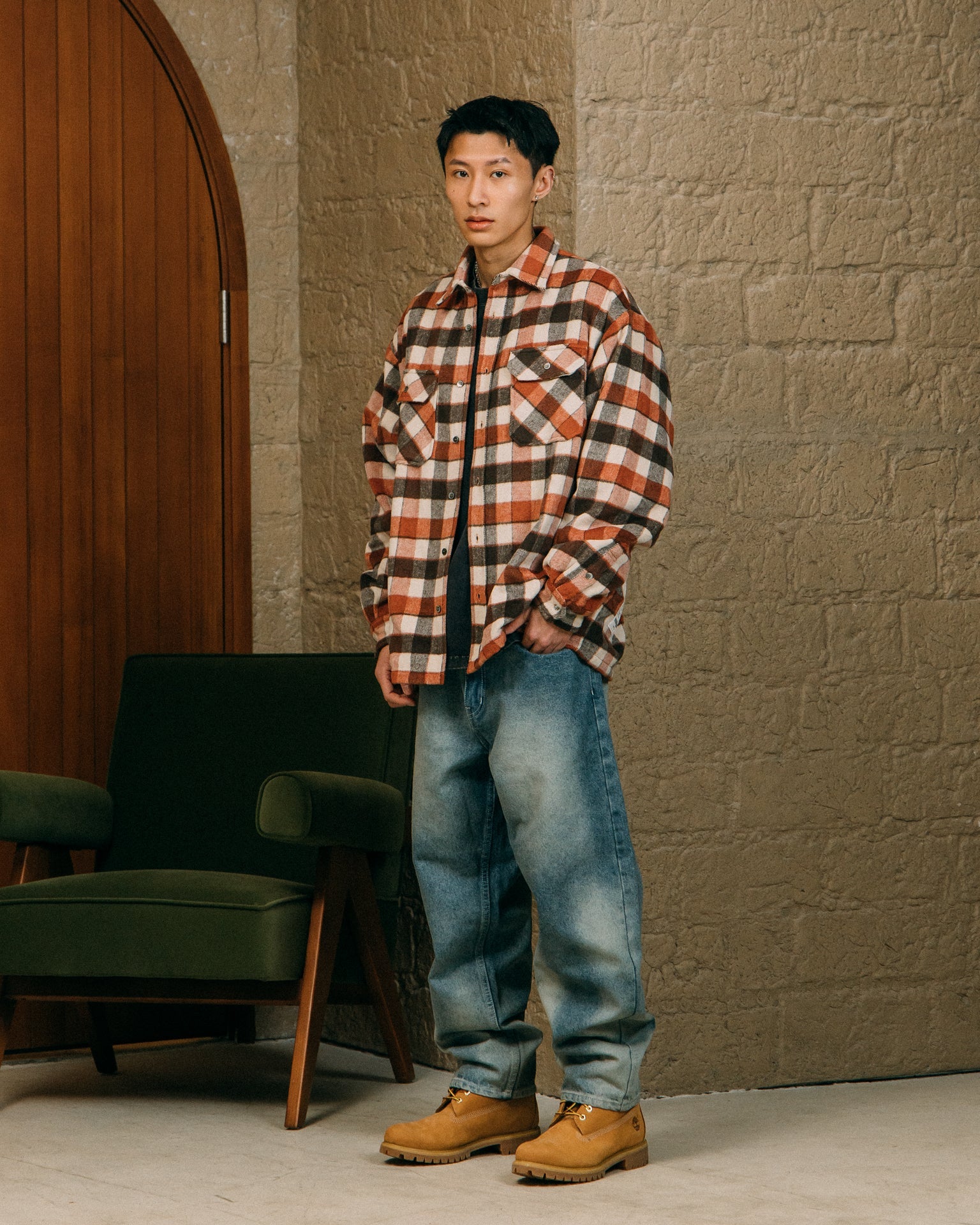 GROCERY WOOL FELT CHECK OVERSHIRT/ SALMON RED - GROGROCERY