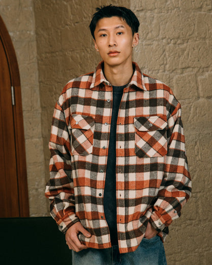 GROCERY WOOL FELT CHECK OVERSHIRT/ SALMON RED - GROGROCERY