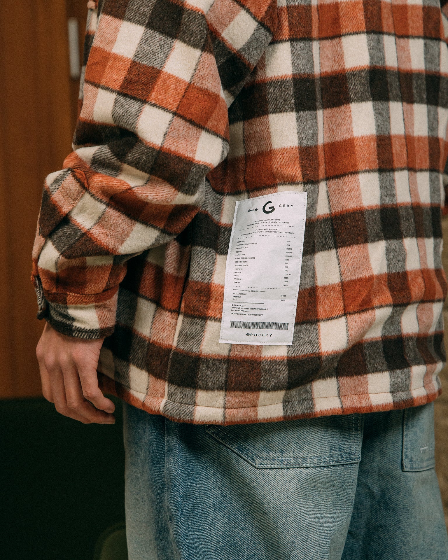 GROCERY WOOL FELT CHECK OVERSHIRT/ SALMON RED - GROGROCERY