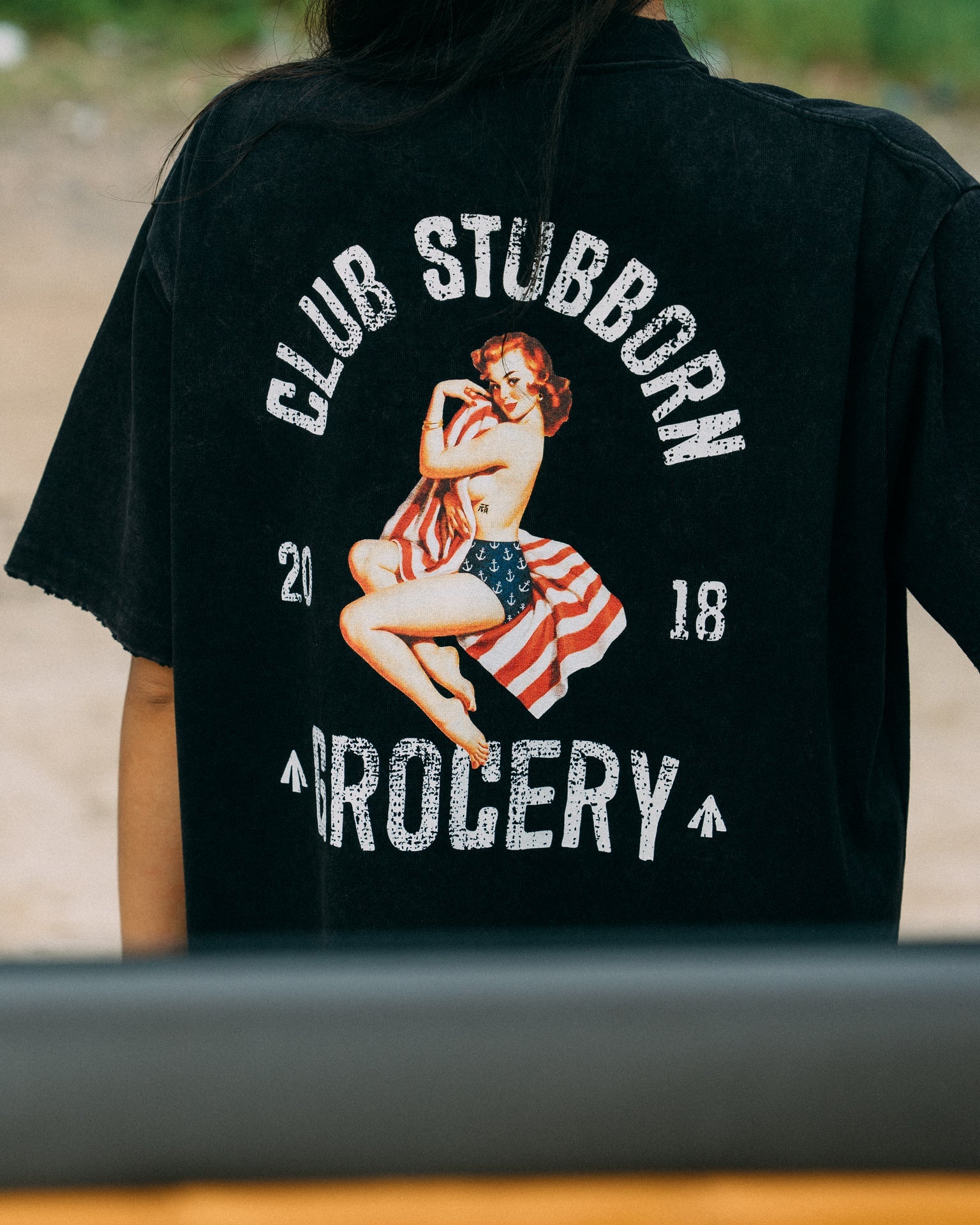 GROCERY x CLUB STUBBORN WASHED AMERICAN GIRL GRAPHIC BOXY TEE/ BLACK - GROGROCERY