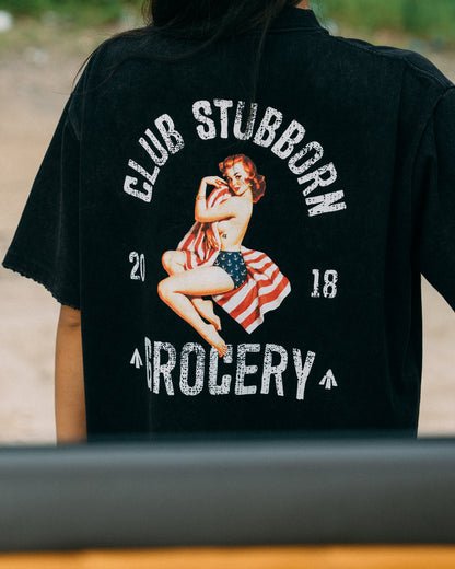 GROCERY x CLUB STUBBORN WASHED AMERICAN GIRL GRAPHIC BOXY TEE/ BLACK - GROGROCERY