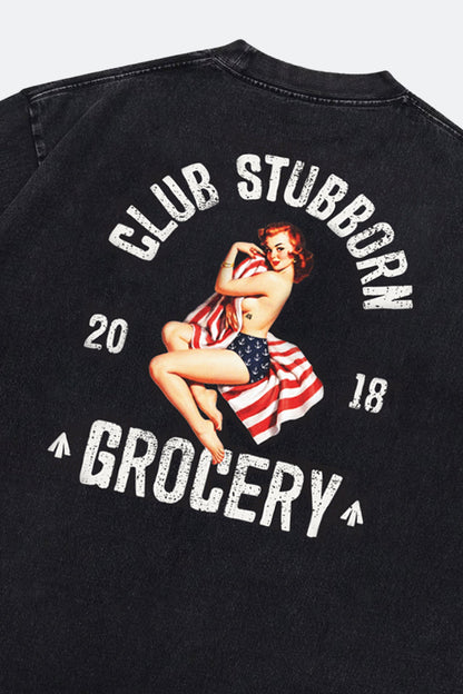 GROCERY x CLUB STUBBORN WASHED AMERICAN GIRL GRAPHIC BOXY TEE/ BLACK - GROGROCERY