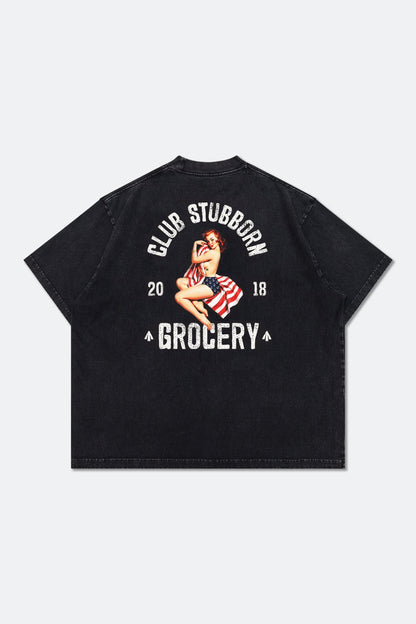 GROCERY x CLUB STUBBORN WASHED AMERICAN GIRL GRAPHIC BOXY TEE/ BLACK - GROGROCERY