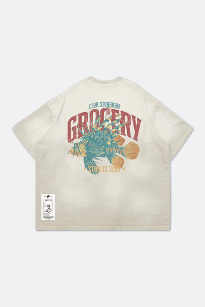 GROCERY x CLUB STUBBORN WASHED LION FISH GRAPHIC BOXY TEE/ CREAM - GROGROCERY