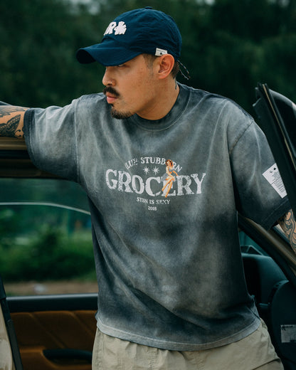 GROCERY x CLUB STUBBORN WASHED LOGO BOXY TEE/ FADED CHARCOAL - GROGROCERY