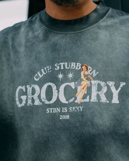 GROCERY x CLUB STUBBORN WASHED LOGO BOXY TEE/ FADED CHARCOAL - GROGROCERY