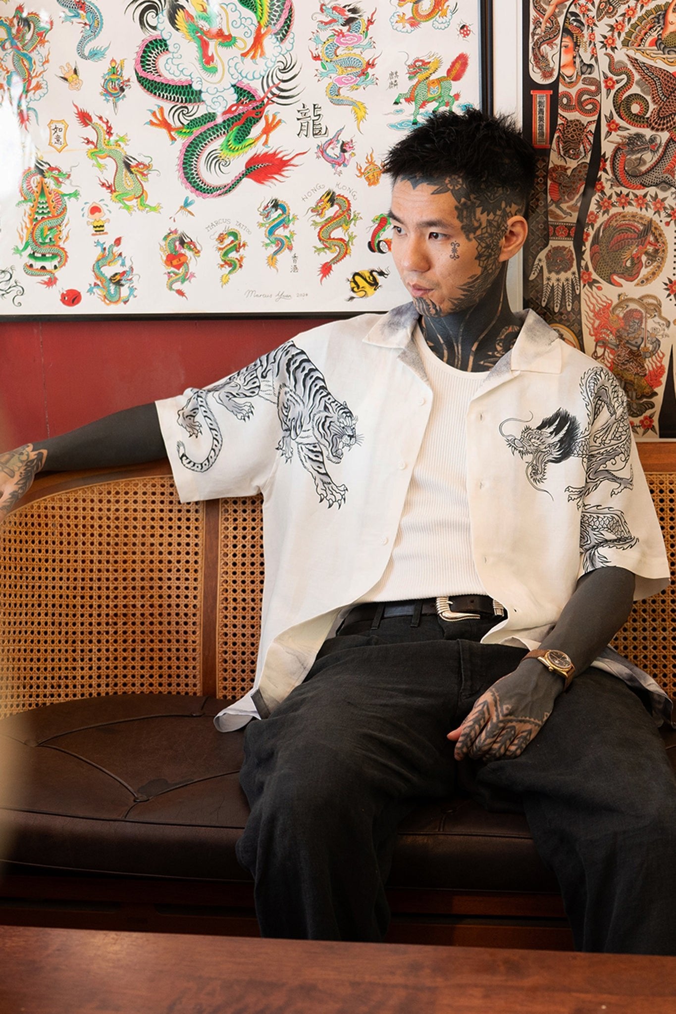 GROCERY x DIONYSUS & LOONG DRAGON & TIGER SHORT SLEEVE SHIRT/ WHITE & NAVY - GROGROCERY
