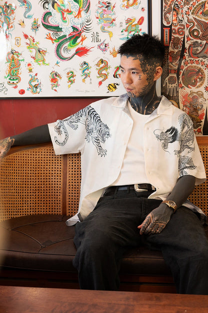 GROCERY x DIONYSUS & LOONG DRAGON & TIGER SHORT SLEEVE SHIRT/ WHITE & NAVY - GROGROCERY