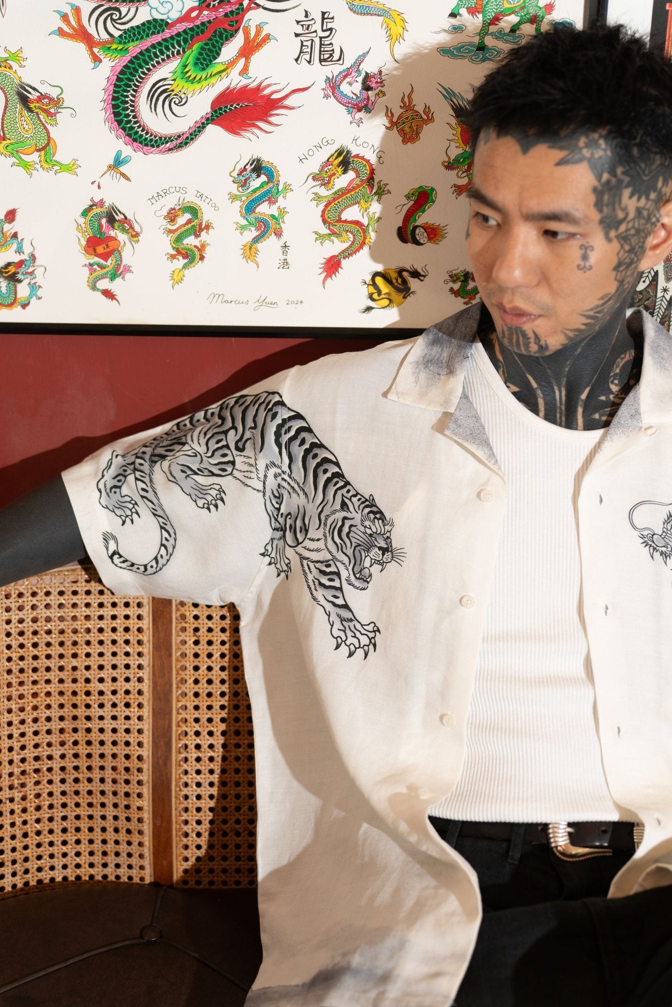 GROCERY x DIONYSUS & LOONG DRAGON & TIGER SHORT SLEEVE SHIRT/ WHITE & NAVY - GROGROCERY