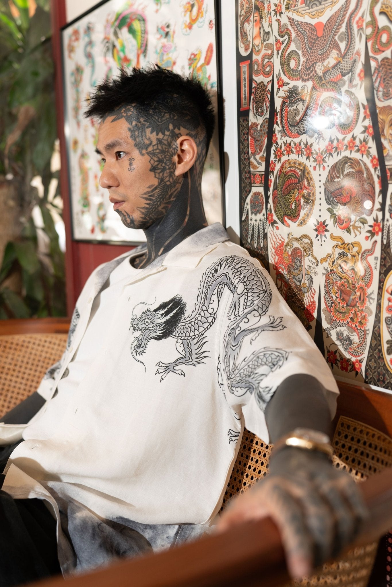 GROCERY x DIONYSUS & LOONG DRAGON & TIGER SHORT SLEEVE SHIRT/ WHITE & NAVY - GROGROCERY