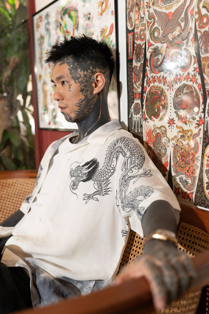 GROCERY x DIONYSUS & LOONG DRAGON & TIGER SHORT SLEEVE SHIRT/ WHITE & NAVY - GROGROCERY