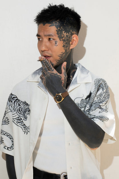 GROCERY x DIONYSUS & LOONG DRAGON & TIGER SHORT SLEEVE SHIRT/ WHITE & NAVY - GROGROCERY