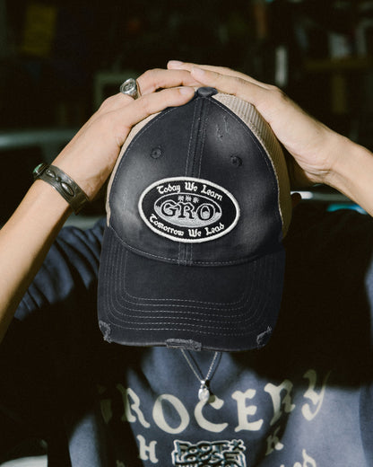 GROCERY X FOOTLOOSE TYCOON DISTRESSED TRUCKER CAP/ WASHED BLACK - GROGROCERY