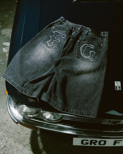 GROCERY X FOOTLOOSE TYCOON OVERSIZED WASHED DENIM SHORTS/ AGED BLACK - GROGROCERY