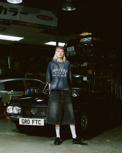 GROCERY X FOOTLOOSE TYCOON OVERSIZED WASHED DENIM SHORTS/ AGED BLACK - GROGROCERY