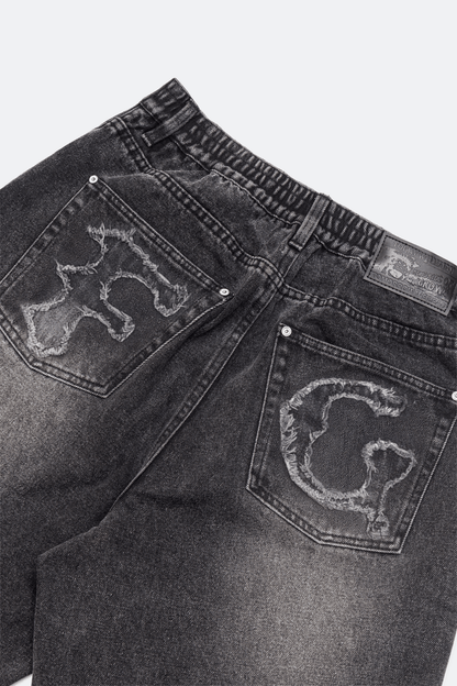 GROCERY X FOOTLOOSE TYCOON OVERSIZED WASHED DENIM SHORTS/ AGED BLACK - GROGROCERY