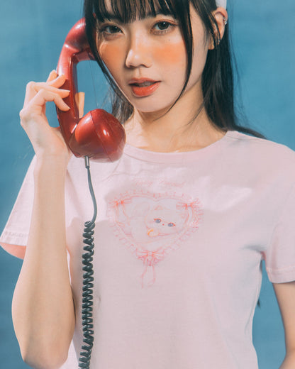 GROCERY x GRRRR LACE HEART CAT WASHED BOXY BABY TEE/ PINK - GROGROCERY