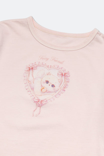 GROCERY x GRRRR LACE HEART CAT WASHED BOXY BABY TEE/ PINK - GROGROCERY