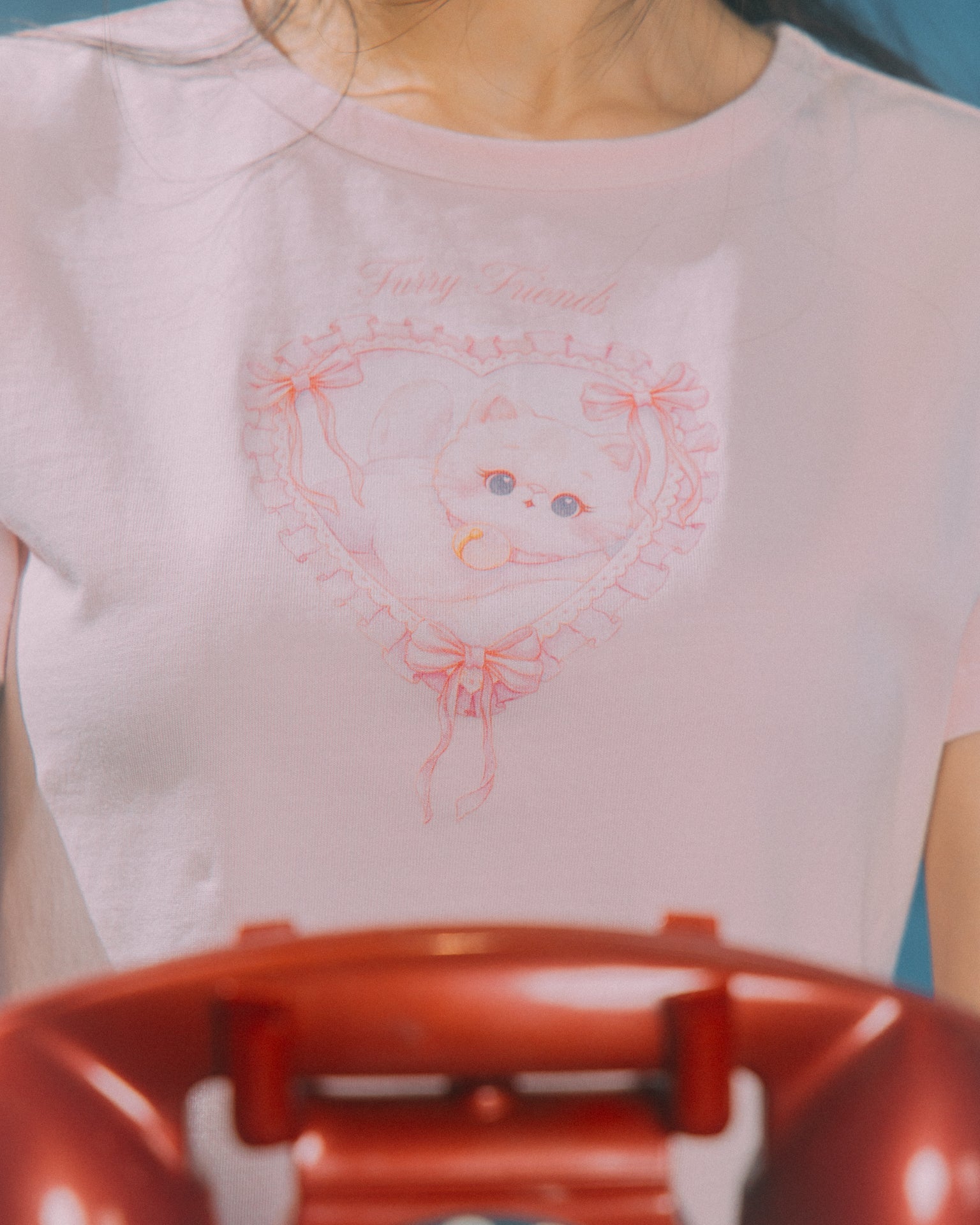 GROCERY x GRRRR LACE HEART CAT WASHED BOXY BABY TEE/ PINK - GROGROCERY