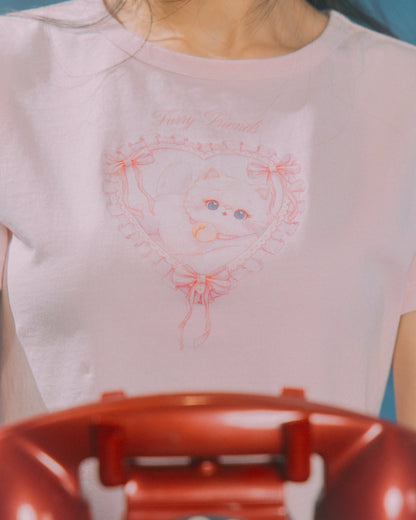 GROCERY x GRRRR LACE HEART CAT WASHED BOXY BABY TEE/ PINK - GROGROCERY