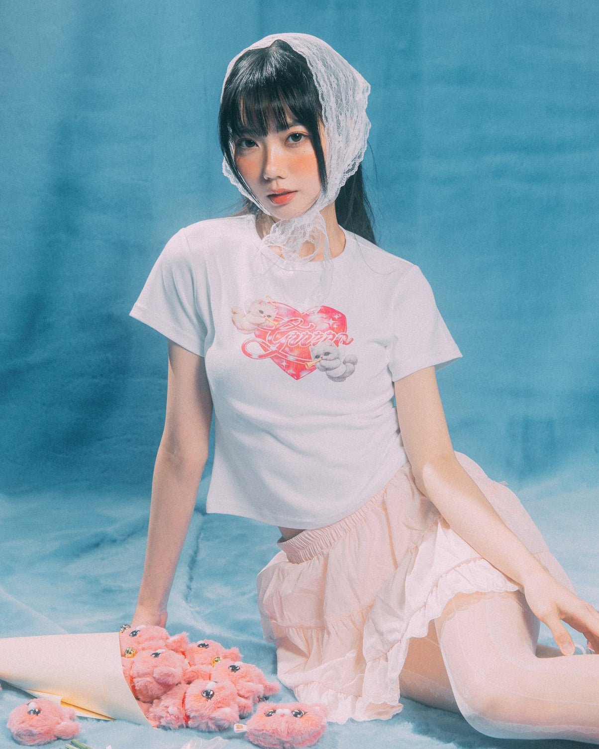 GROCERY x GRRRR TWIN CATS HEART BABY TEE/ WHITE - GROGROCERY