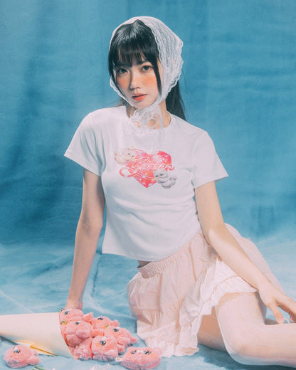 GROCERY x GRRRR TWIN CATS HEART BABY TEE/ WHITE - GROGROCERY