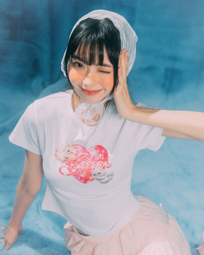 GROCERY x GRRRR TWIN CATS HEART BABY TEE/ WHITE - GROGROCERY