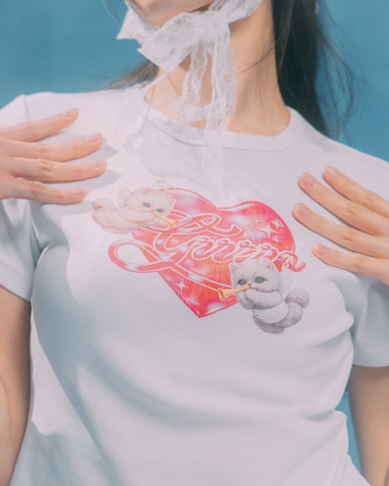 GROCERY x GRRRR TWIN CATS HEART BABY TEE/ WHITE - GROGROCERY