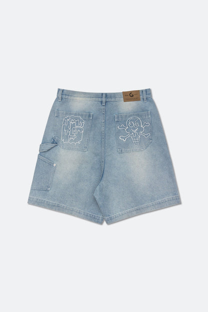 GROCERY X ICECREAM EMBROIDERY LOGO WASHED DENIM SHORTS/ LIGHT BLUE - GROGROCERY