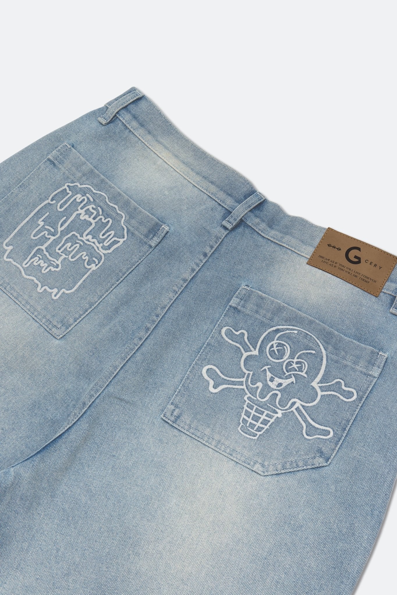 GROCERY X ICECREAM EMBROIDERY LOGO WASHED DENIM SHORTS/ LIGHT BLUE - GROGROCERY
